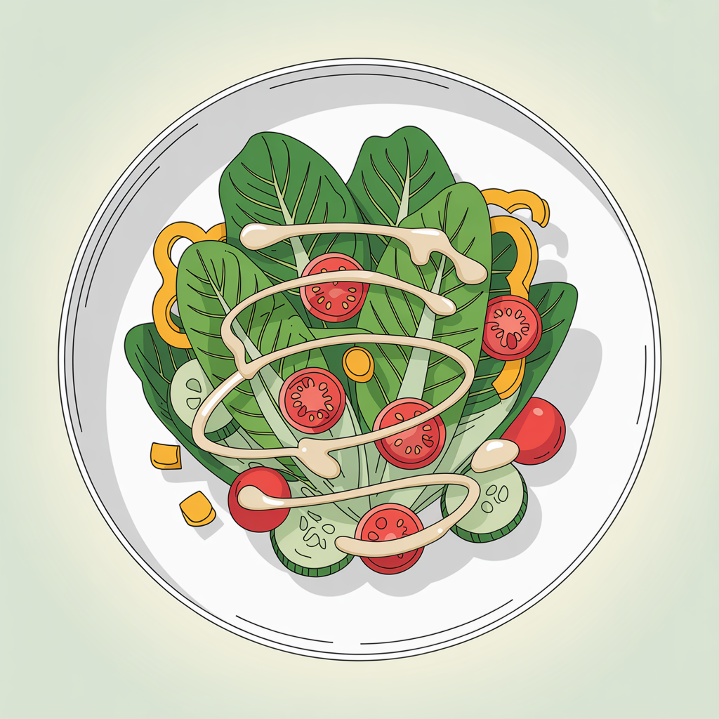 Top-down stylized salad illustration with lettuce leaves, cucumber slices, cherry tomatoes, bell pepper and dressing, used as a forum avatar/profile picture.