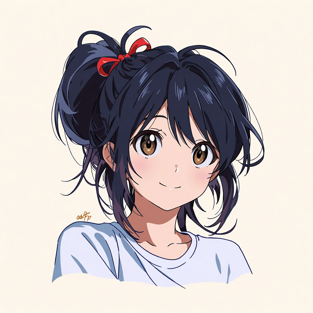 Forum avatar of Mitsuha Miyamizu (Your Name) — anime girl with dark tied-up hair, red ribbon, warm brown eyes and a white shirt on a pale white background.