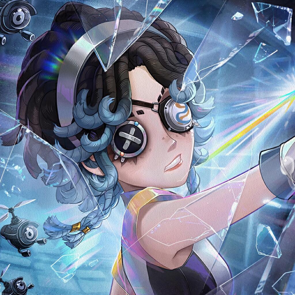 Identity V forum avatar/pfp: blue‑haired character with braided coils, mechanical eyepiece and headphones, reaching through shattered glass with rainbow light reflections.