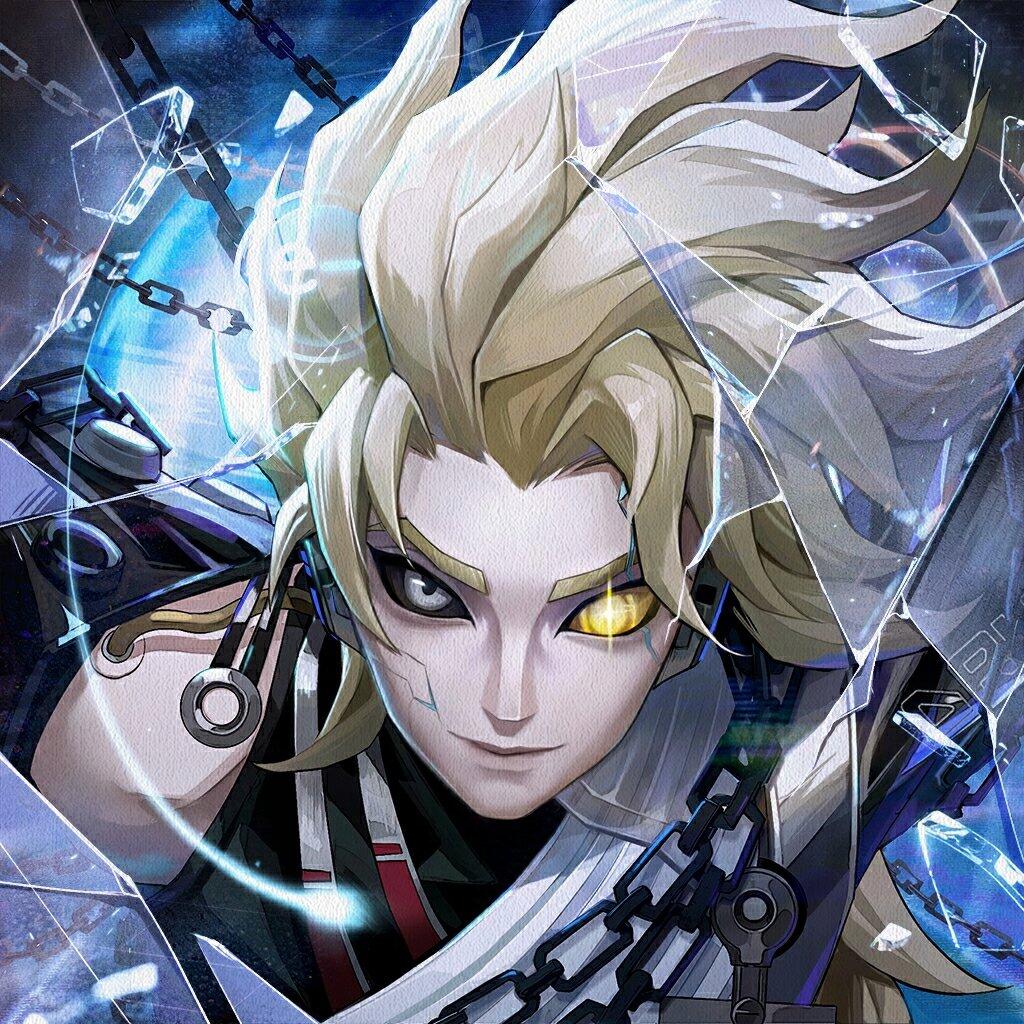 Identity V video game forum avatar/pfp: pale, white‑haired character with one glowing gold eye, chains and shards of shattered glass behind them.