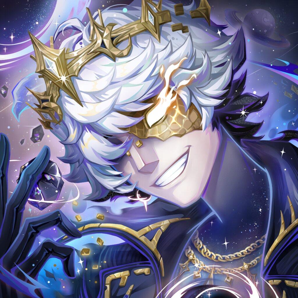 Forum avatar/pfp of a stylized character from the video game Identity V — white-haired masked figure with a golden star crown, ornate gold details and a cosmic blue-purple backdrop, grinning.