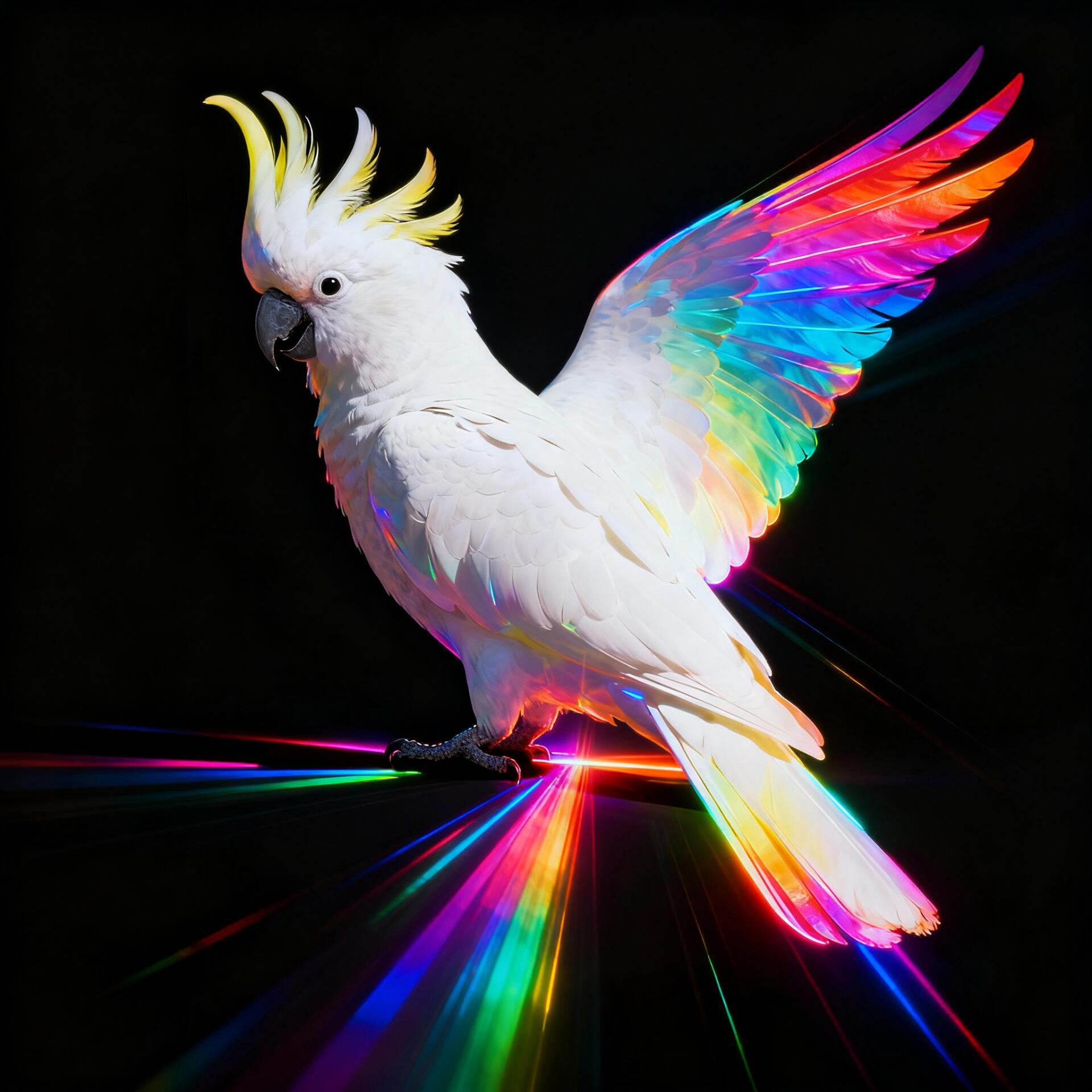 Profile photo (forum avatar/pfp): white cockatoo with raised crest and rainbow‑lit wings, neon light streaks radiating on a black background.
