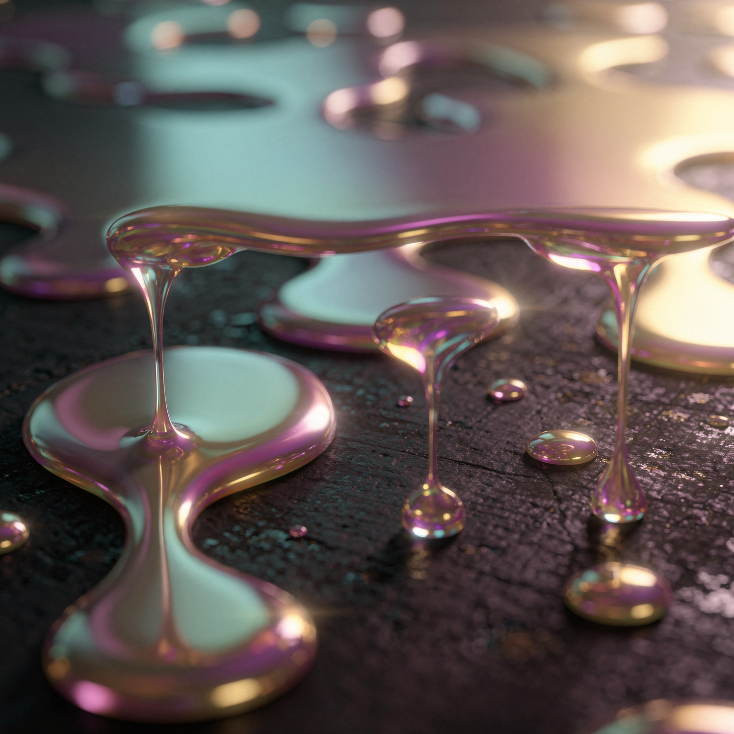 Forum avatar showing iridescent metallic liquid melting and dripping into glossy puddles on a dark textured surface.