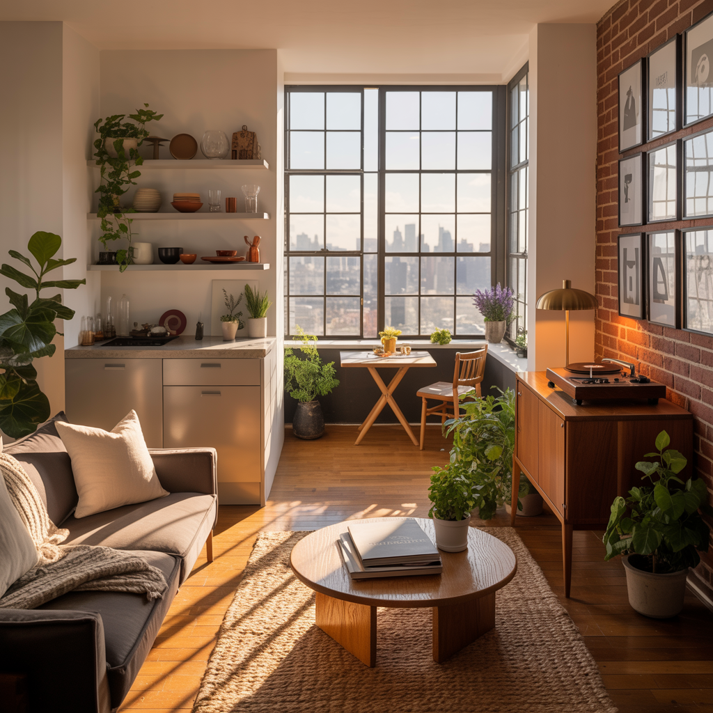 Forum avatar: sunlit apartment interior with cozy sofa, plants, wooden coffee table and large city-view window, warm mid-century decor.