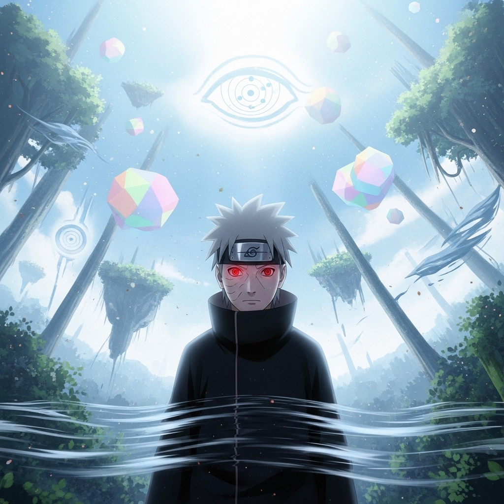 Forum avatar/pfp of Obito Uchiha with red Sharingan eyes and dark cloak, standing in water amid a surreal forest of floating islands and a giant eye in the sky.