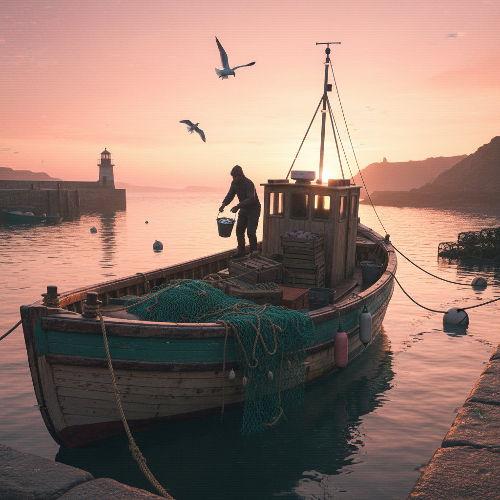 Forum avatar: fishing boat at sunset with a silhouetted fisher on deck, nets and buoys, seagulls overhead and a distant lighthouse.