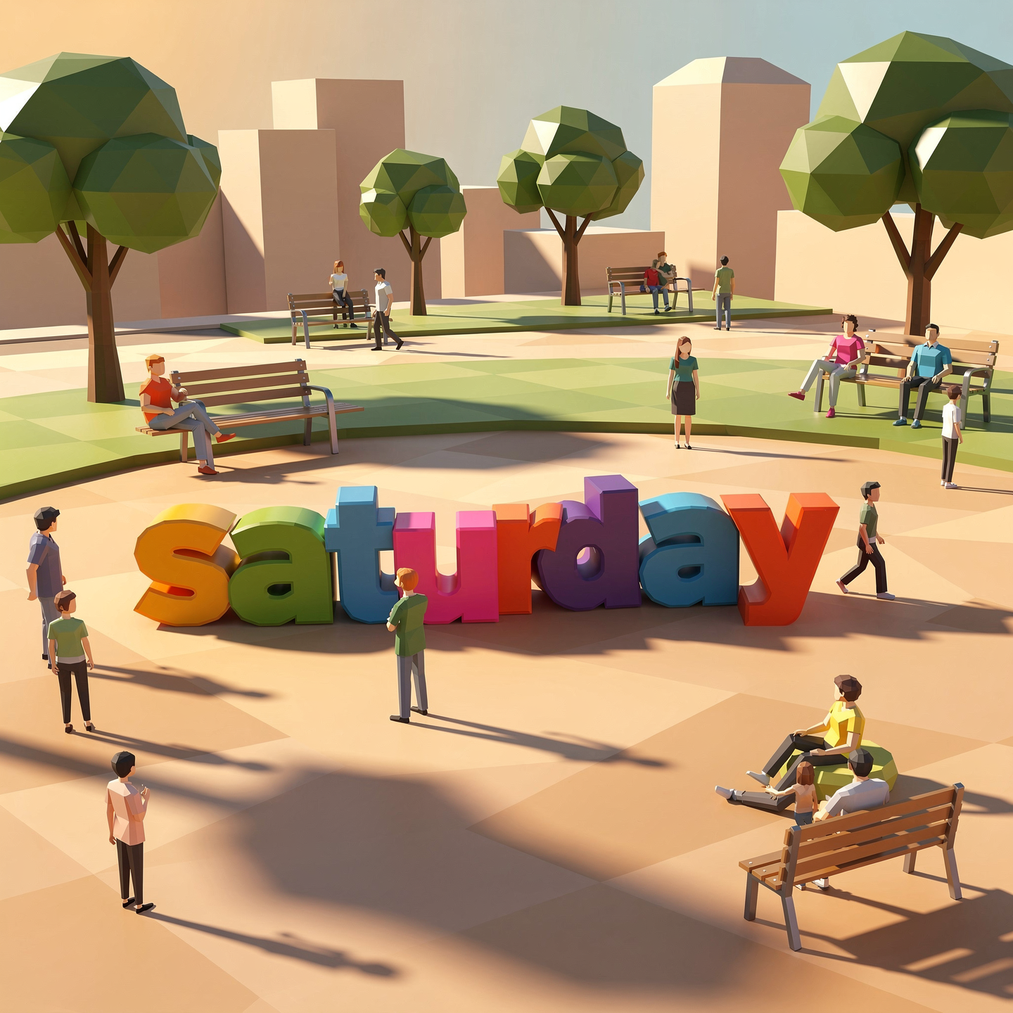 Forum avatar/pfp: low-poly park scene with colorful 3D saturday letters at the center, stylized people on benches and walking under blocky trees in warm light.