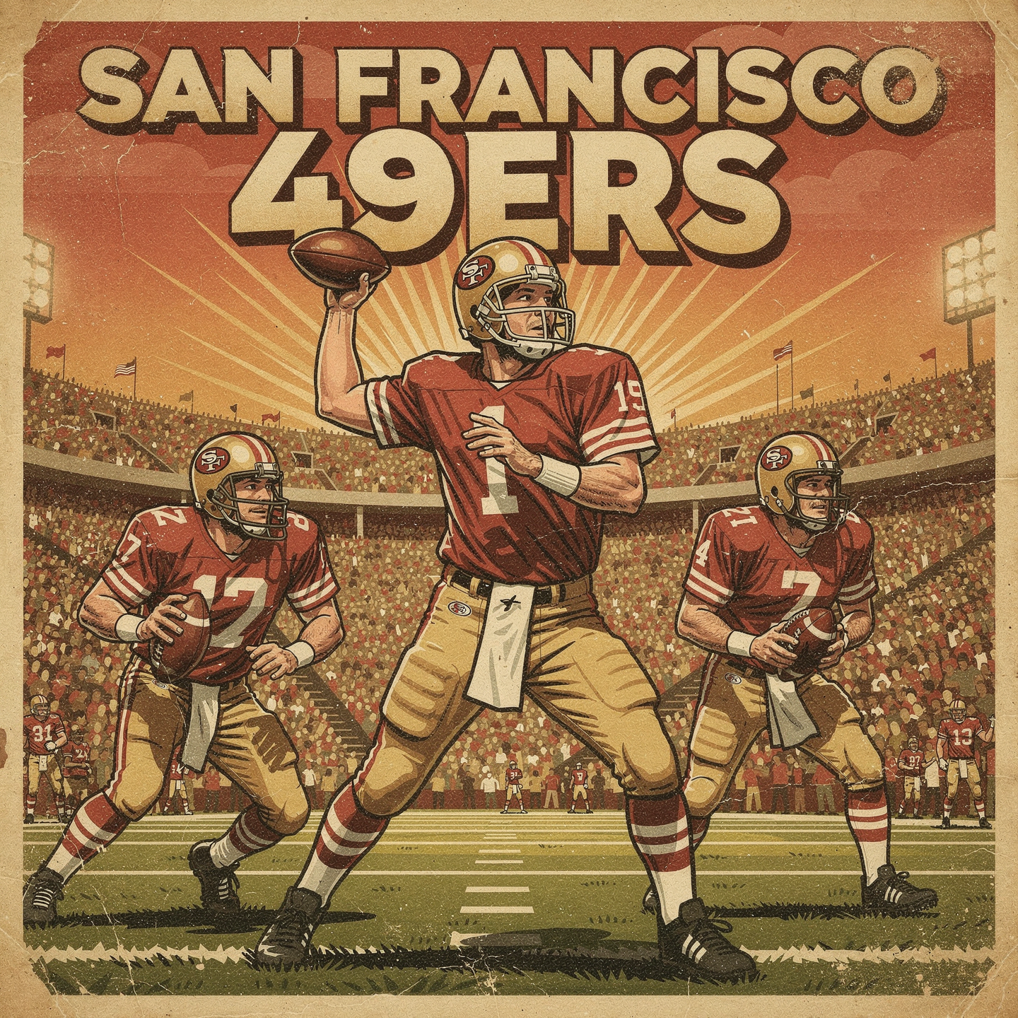 Vintage-style forum avatar showing three San Francisco 49ers players with a quarterback poised to throw in a packed stadium, bold San Francisco 49ers title overhead.