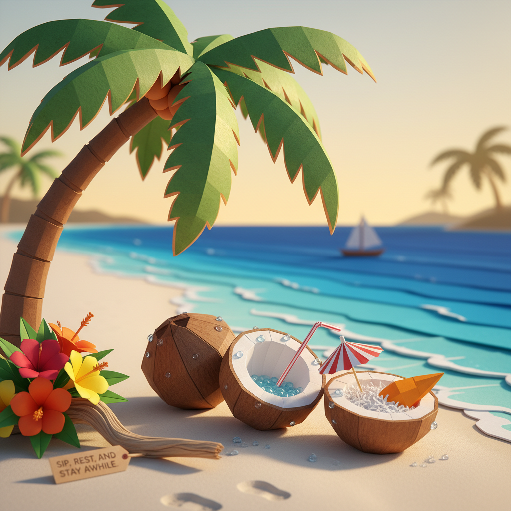 Forum avatar/pfp: stylized coconut beach — halved coconuts with straws and umbrellas on sand beneath a palm tree, with a sailboat on the horizon.