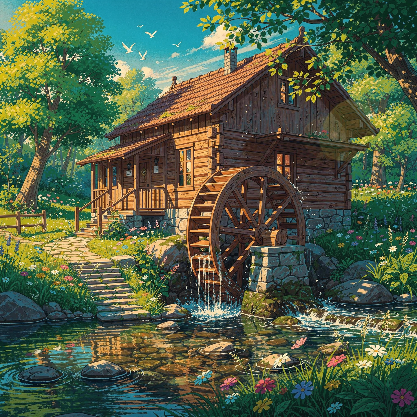 Forum avatar/pfp: illustrated wooden watermill beside a sunlit pond, surrounded by lush trees and blooming flowers, the waterwheel gently splashing.