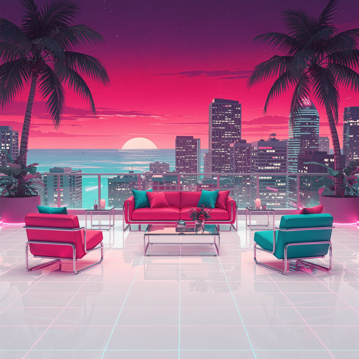 Forum avatar/pfp: retro neon patio at sunset with pink and teal sofa and chairs, palm trees on a tiled terrace overlooking a glowing city skyline and ocean.
