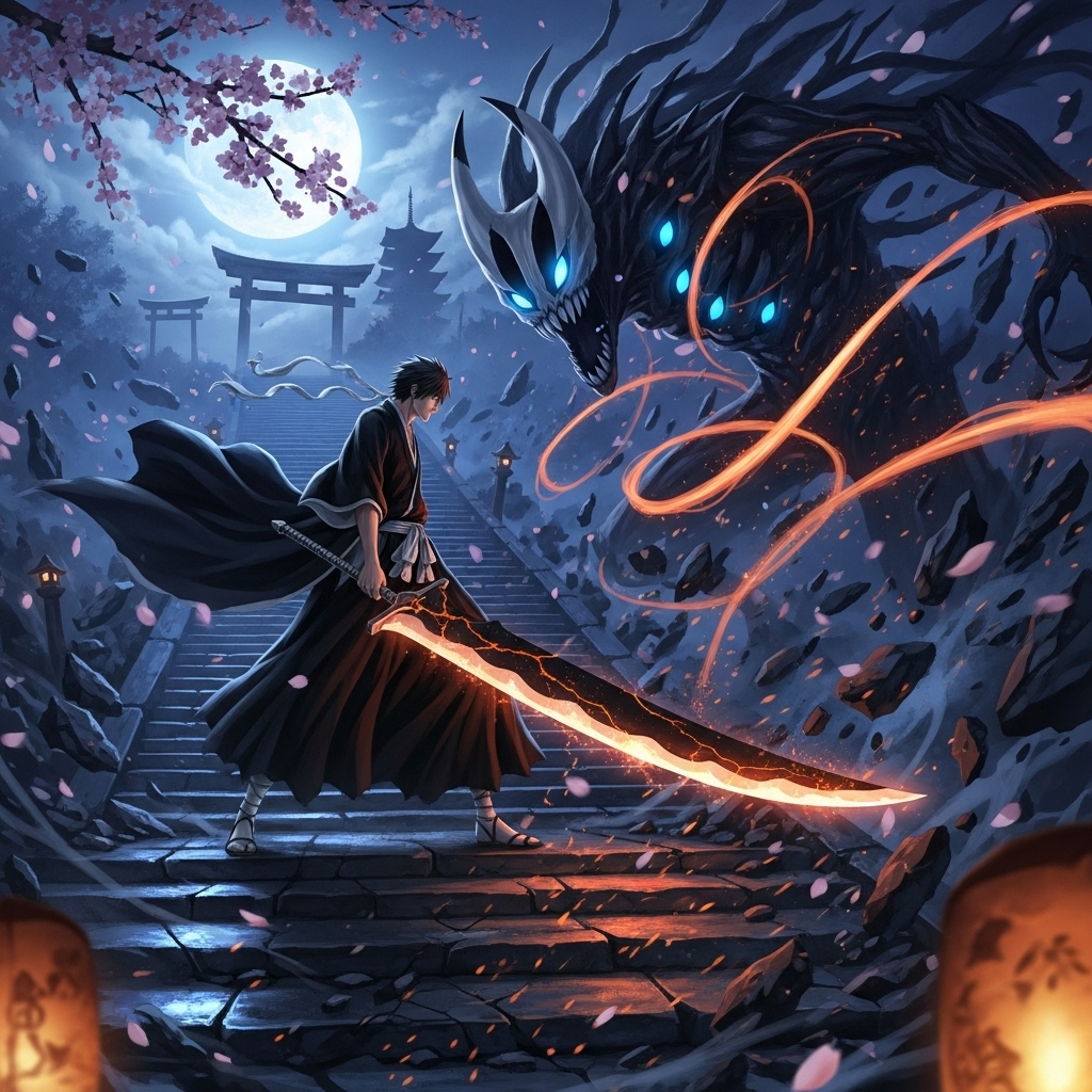 Bleach forum avatar/pfp: a lone shinigami brandishes a fiery zanpakutō against a shadowy, blue-eyed spirit on moonlit shrine steps, cherry blossoms drifting.