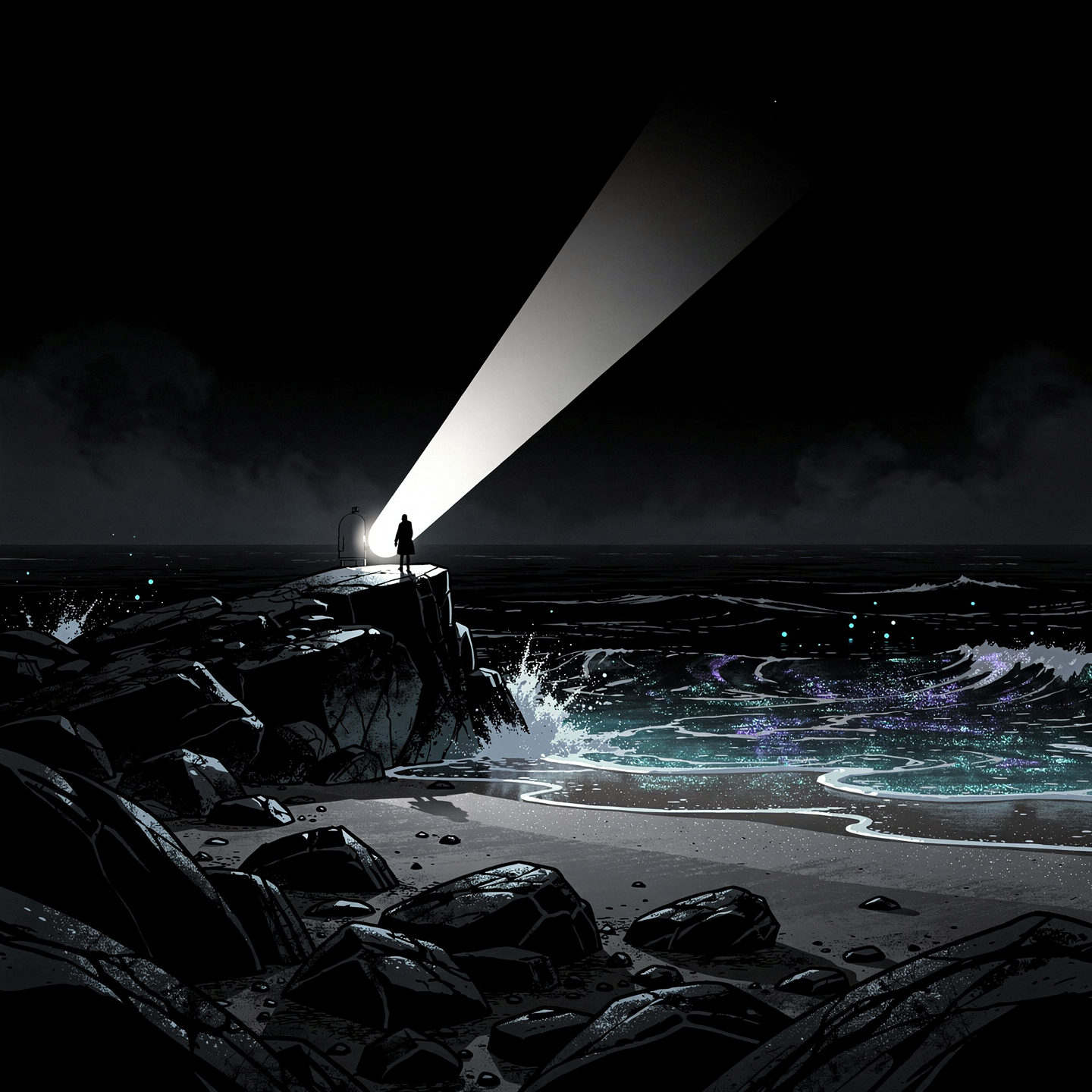 Dark forum avatar/pfp: silhouette on a rocky cliff shines a strong beam across a stormy, luminescent night sea under a black sky.