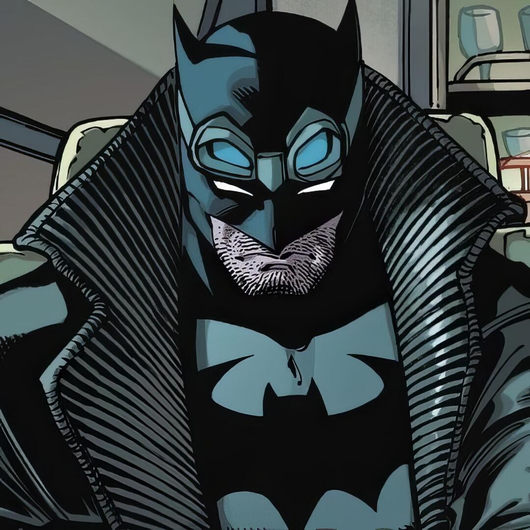 Comic-style Batman forum avatar: close-up of masked, bearded Batman in a heavy collar coat, glowing eyes and bold bat emblem, moody inked colors.