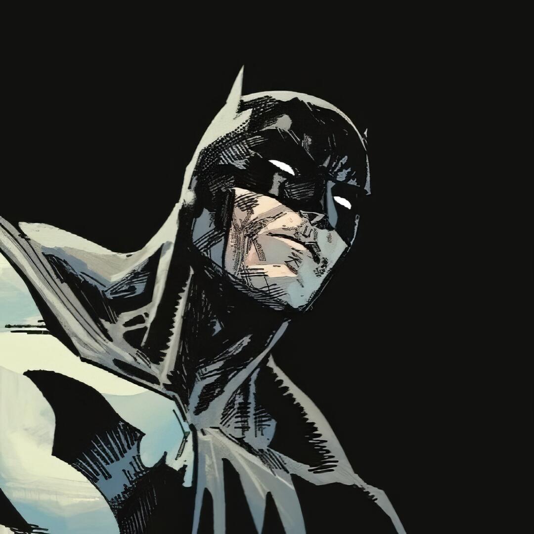 Comic-style dark portrait of Batman — brooding superhero close-up against black, used as a forum avatar/pfp.