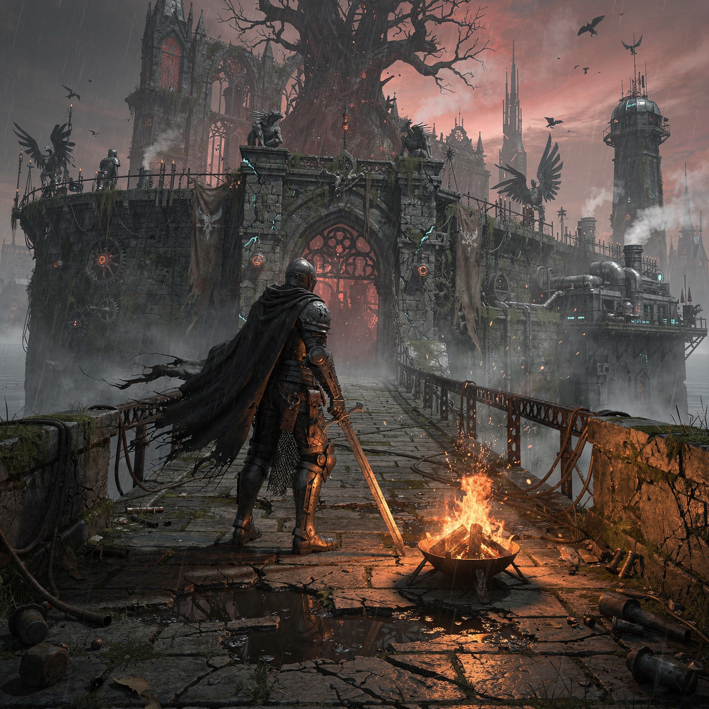 Dark Souls forum avatar: lone armored knight by a bonfire on a crumbling bridge, sword drawn, facing a looming gothic fortress beneath a blood-red sky with circling crows.