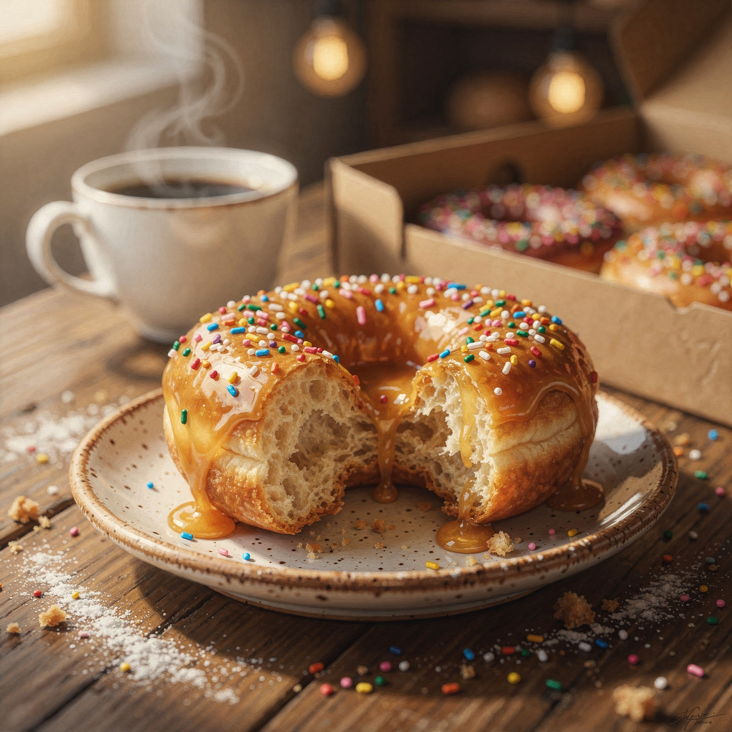 Forum avatar showing a bitten glazed doughnut with rainbow sprinkles and caramel drizzle on a plate, steaming coffee and a box of doughnuts softly blurred in the background.