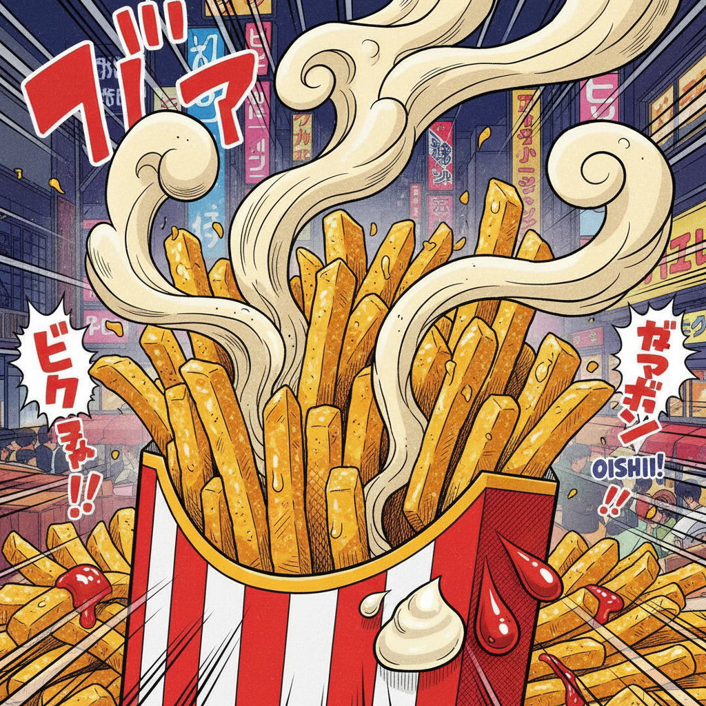 Vibrant cartoon forum avatar/pfp of steaming french fries bursting from a red-and-white carton amid neon city signs, comic sound effects and ketchup/mayo splashes.