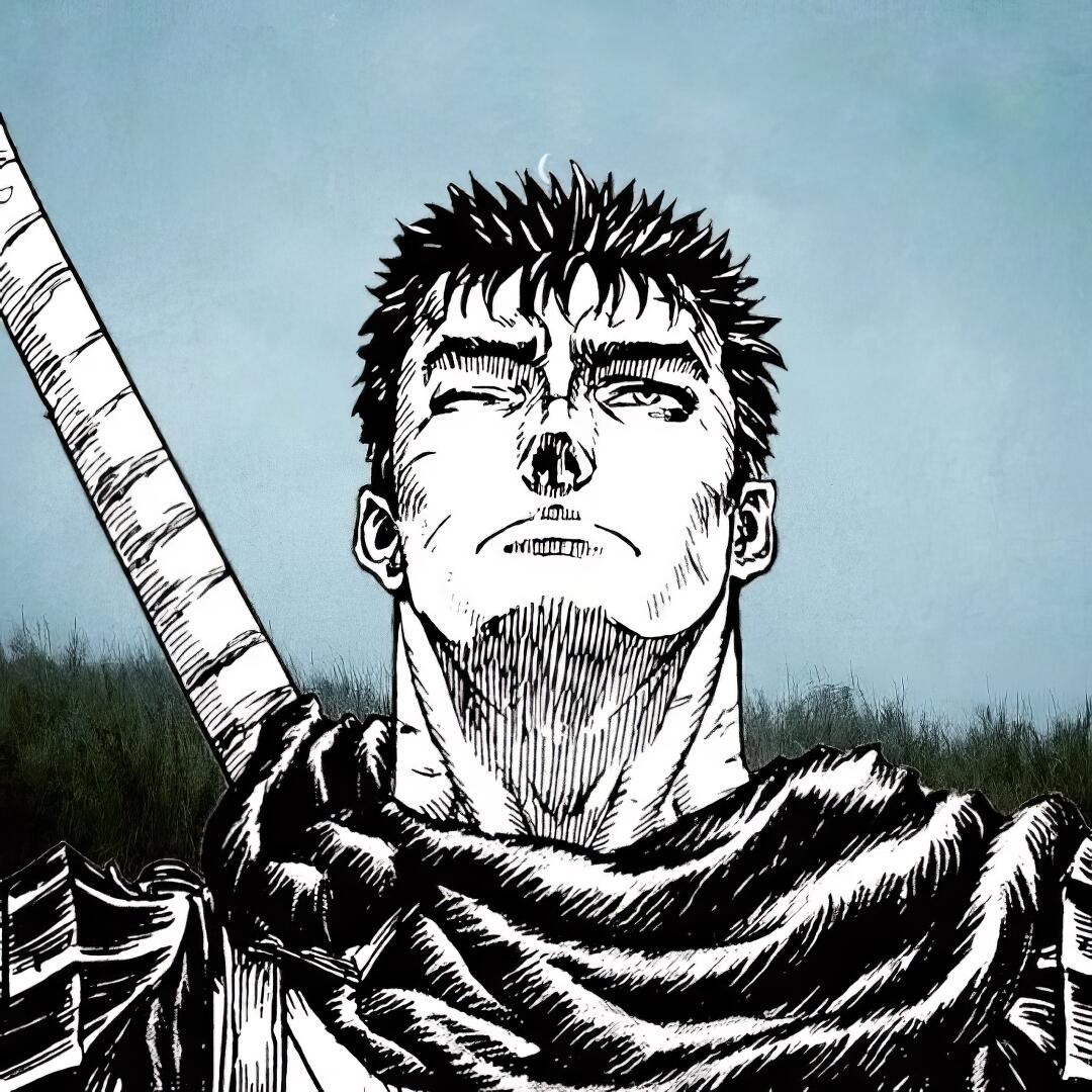 Forum avatar of Guts (Berserk): manga-style monochrome portrait, stern upward gaze, sword on shoulder against a muted sky.