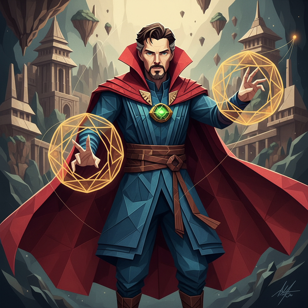 Forum avatar: stylized Doctor Strange in blue robes and a red cape, Eye of Agamotto glowing, conjuring golden circular magic sigils amid a mystical city backdrop.