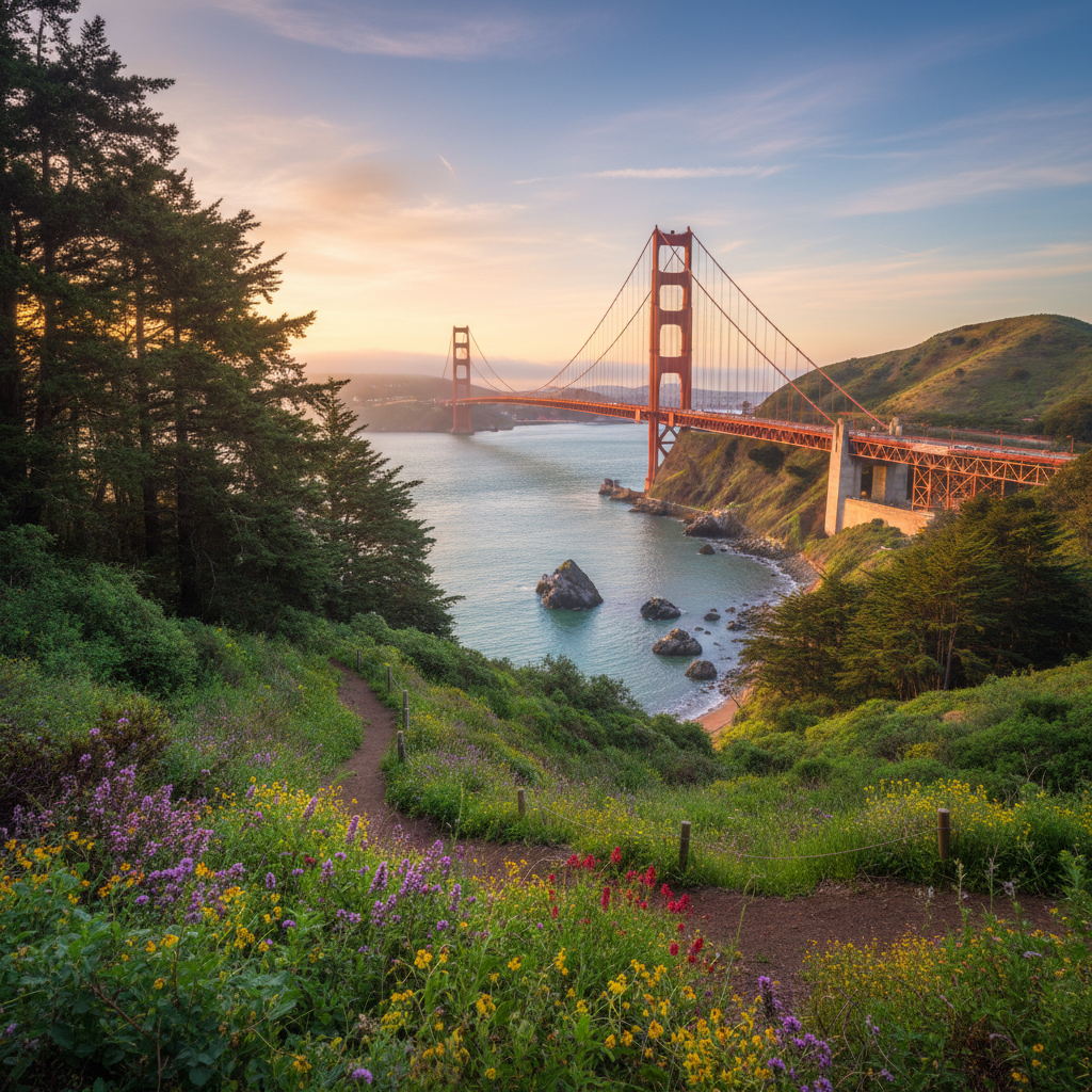 Forum avatar/pfp: Golden Gate Bridge at sunset, viewed from a wildflower-covered bluff overlooking the bay.
