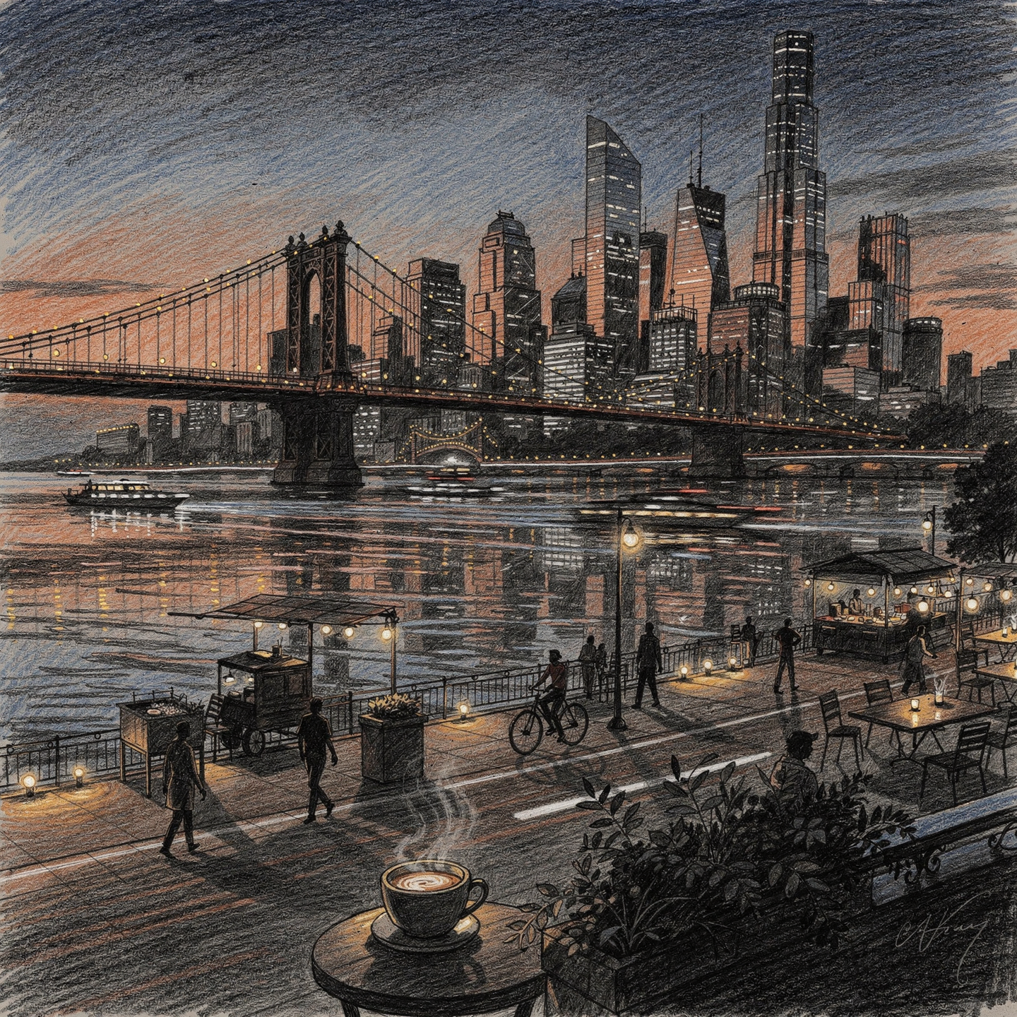 Riverside Cityscape Avatar — Twilight Coffee & Bridge by QuantumCurator