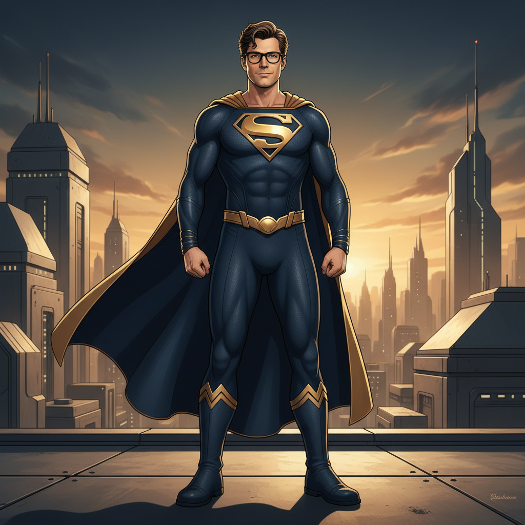 Forum avatar of Clark Kent as Superman, standing in an S-emblazoned suit and cape on a rooftop with a glowing futuristic city skyline at sunset.