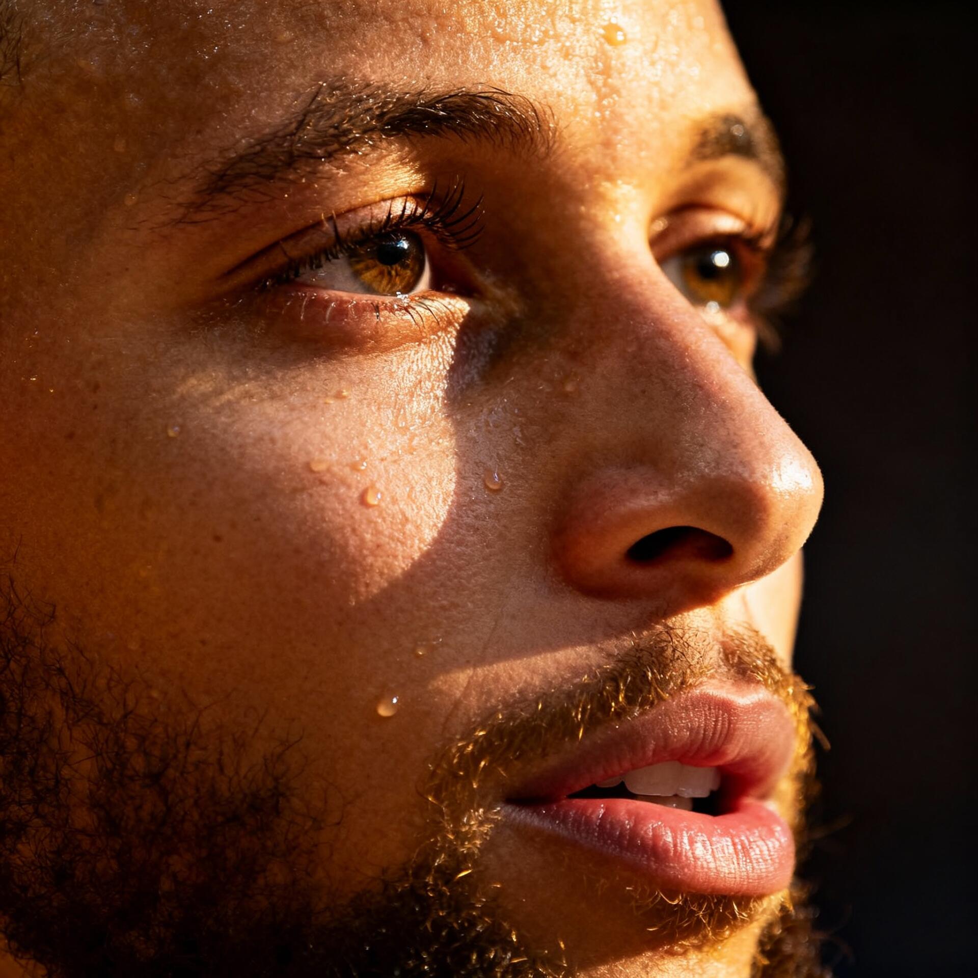 Forum avatar — close-up profile of a bearded man in warm light with beads of sweat on his skin; identity unknown.