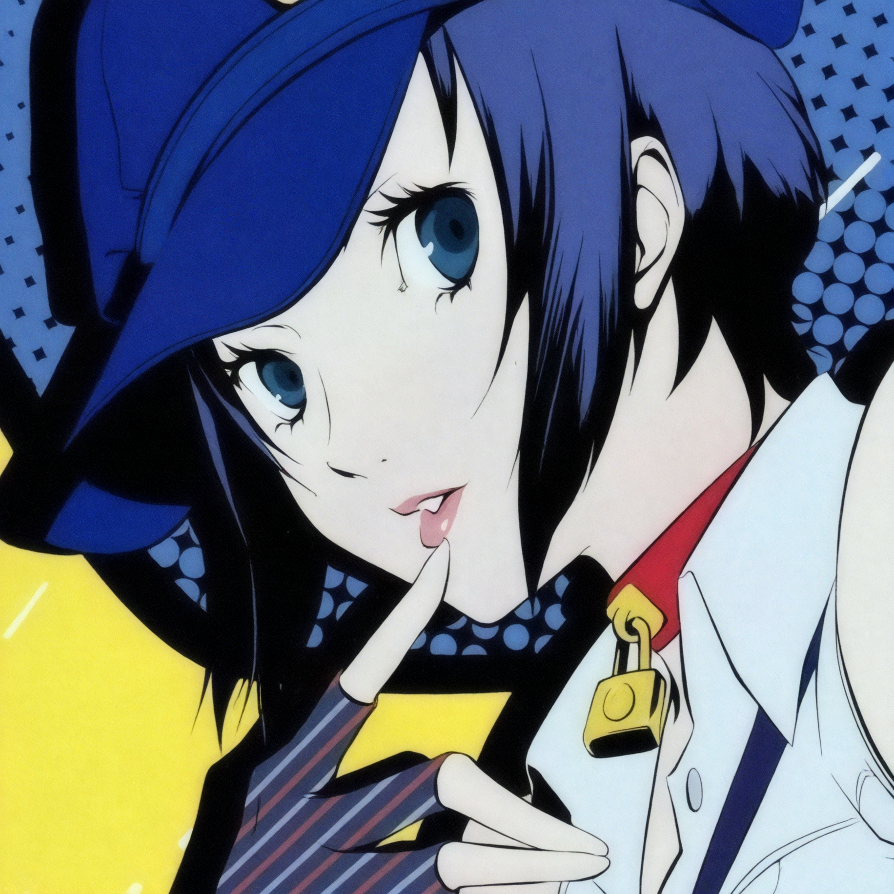 Forum avatar of Persona 4 Golden's Naoto Shirogane — close-up of a blue-haired detective in a cap, finger to lips and vivid blue eyes.