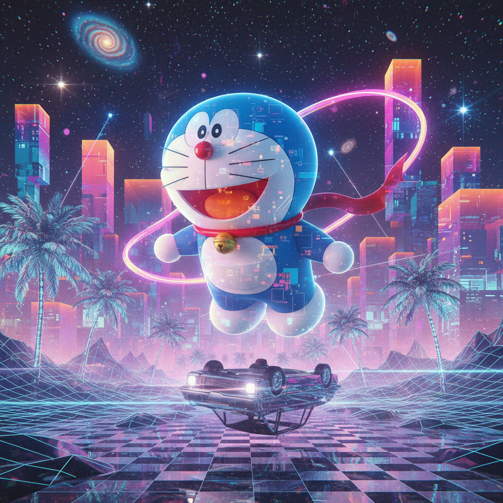 Doraemon forum avatar: retro-futuristic character in a space helmet floating above a neon grid city with palm trees and an overturned car — stylized profile photo.