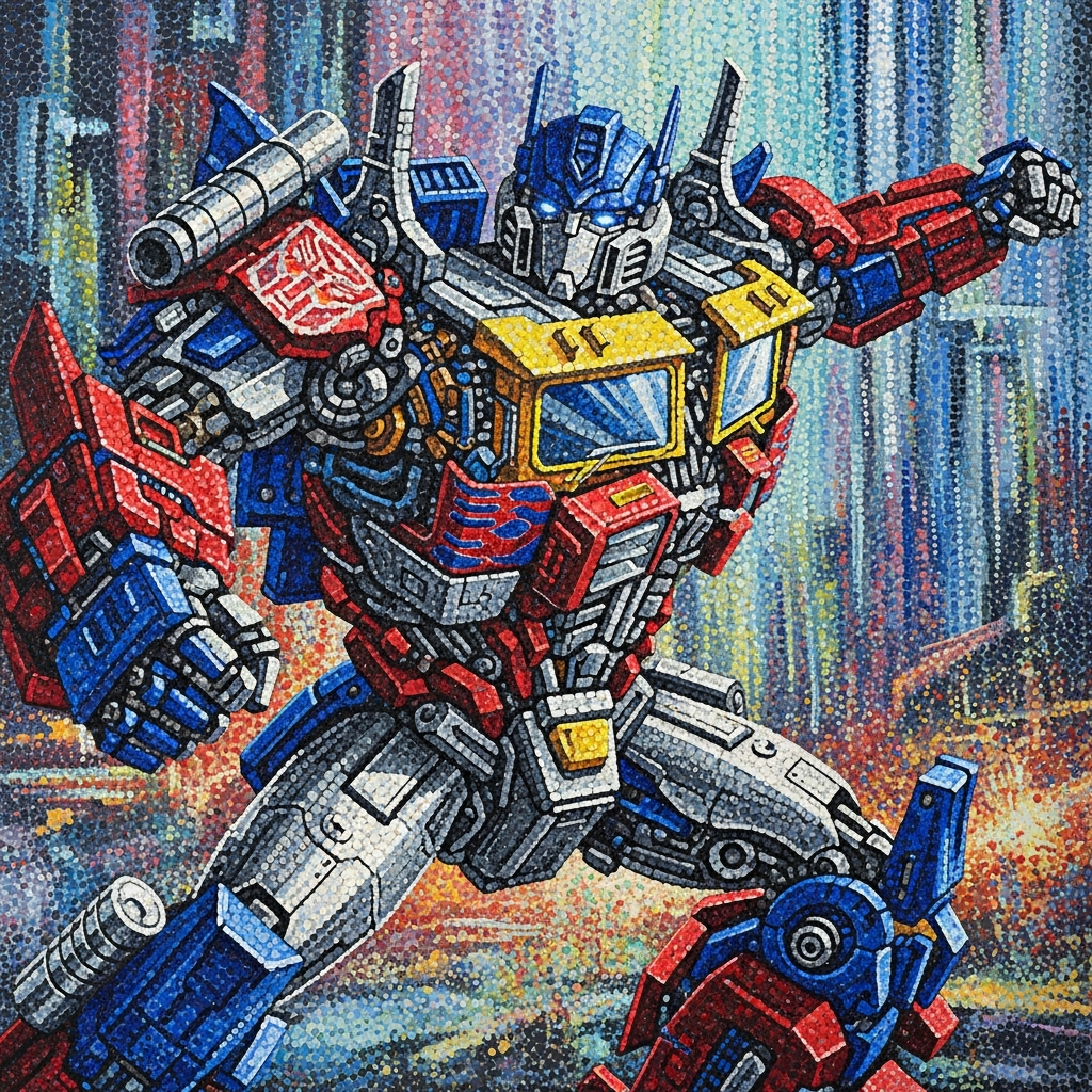 Vibrant forum avatar/pfp of an Autobot in a heroic pose, detailed metallic armor with a glowing cockpit chest against a colorful, streaked cityscape background.