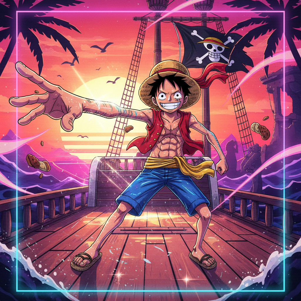 Forum avatar of Monkey D. Luffy on a pirate ship at sunset, grinning with straw hat and outstretched arm, Jolly Roger flag and palm trees behind him.