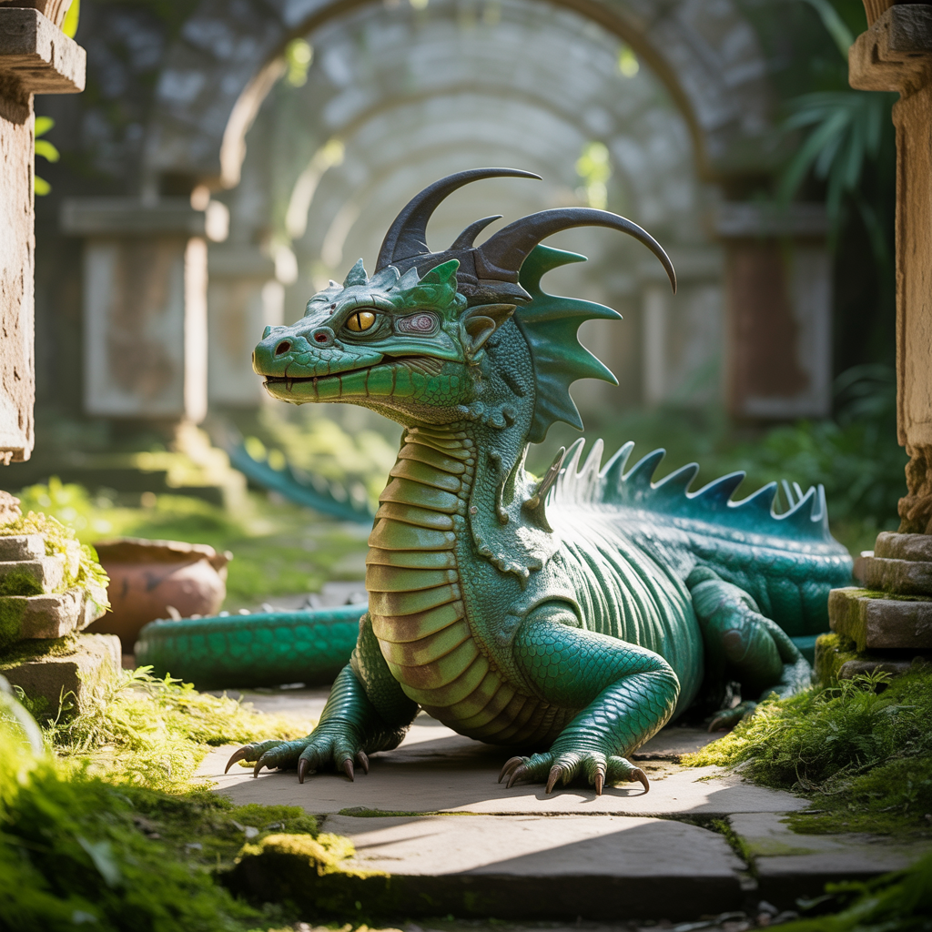 Green basilisk dragon lounging in sunlit mossy ruins, ornate horns and expressive eyes — stylized forum avatar/profile picture.