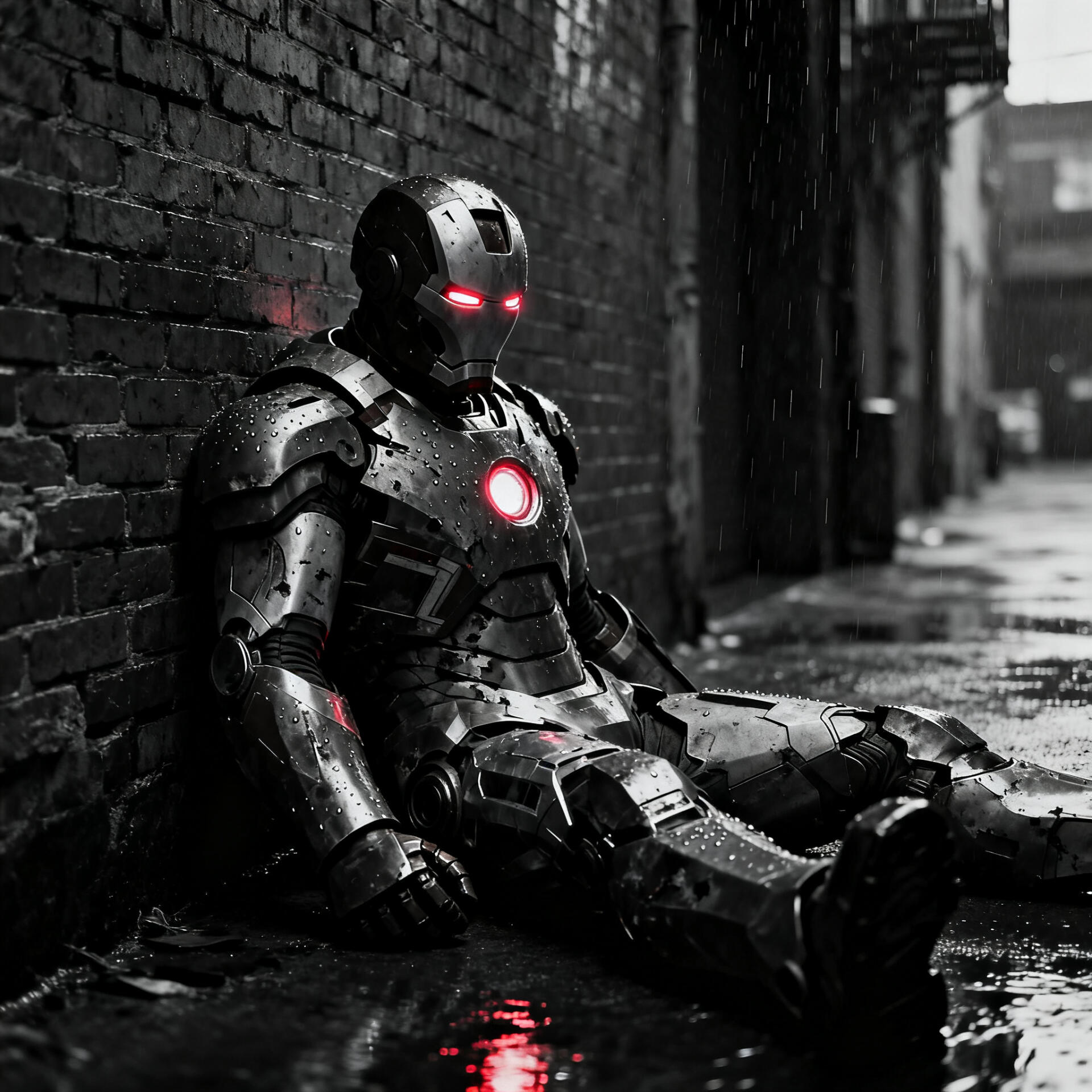 Forum avatar of Iron Man armor, rain-soaked and slumped against a brick wall, glowing red arc reactor and eyes.