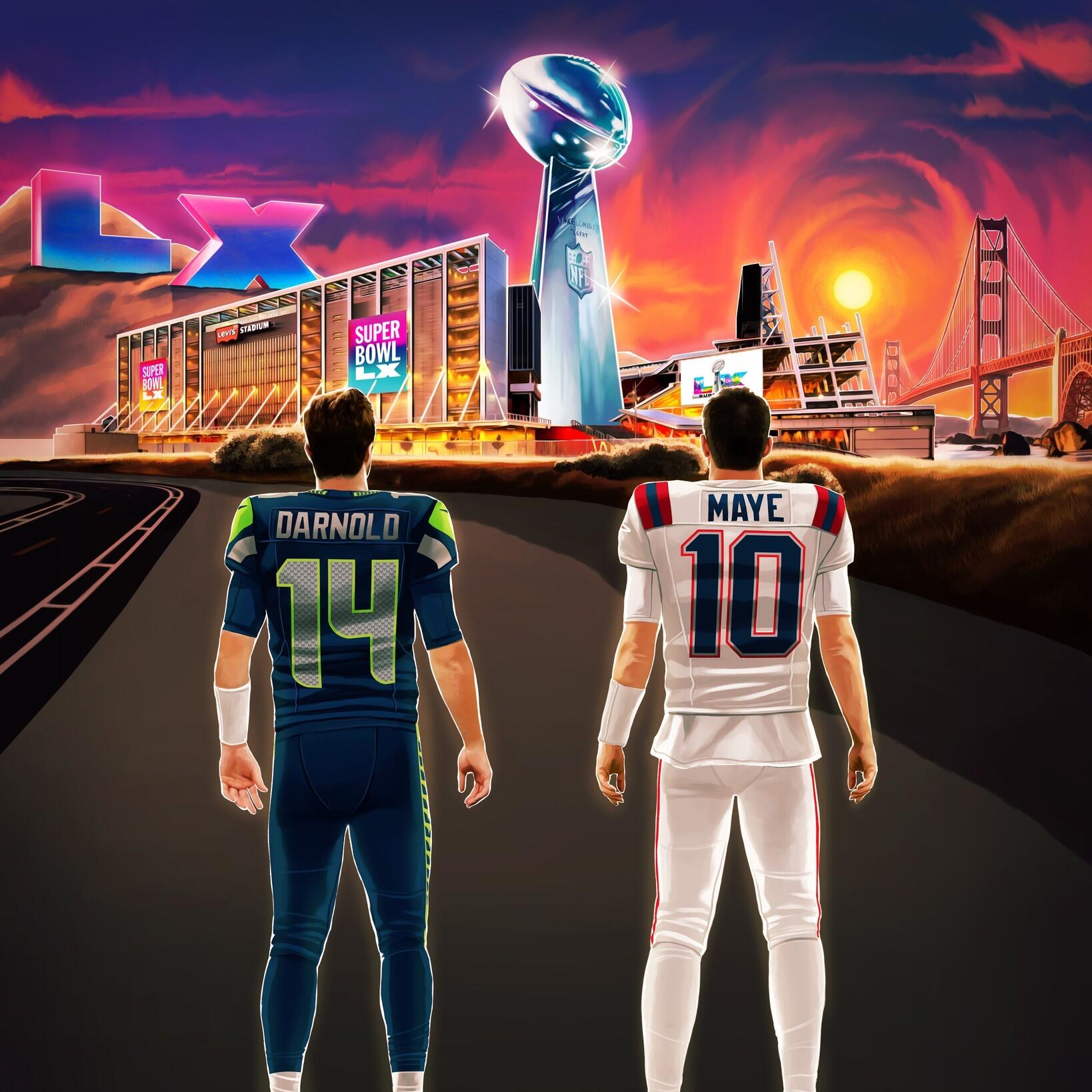 Forum avatar of two NFL figures in Seattle Seahawks and New England Patriots jerseys facing a glowing Super Bowl stadium and trophy.