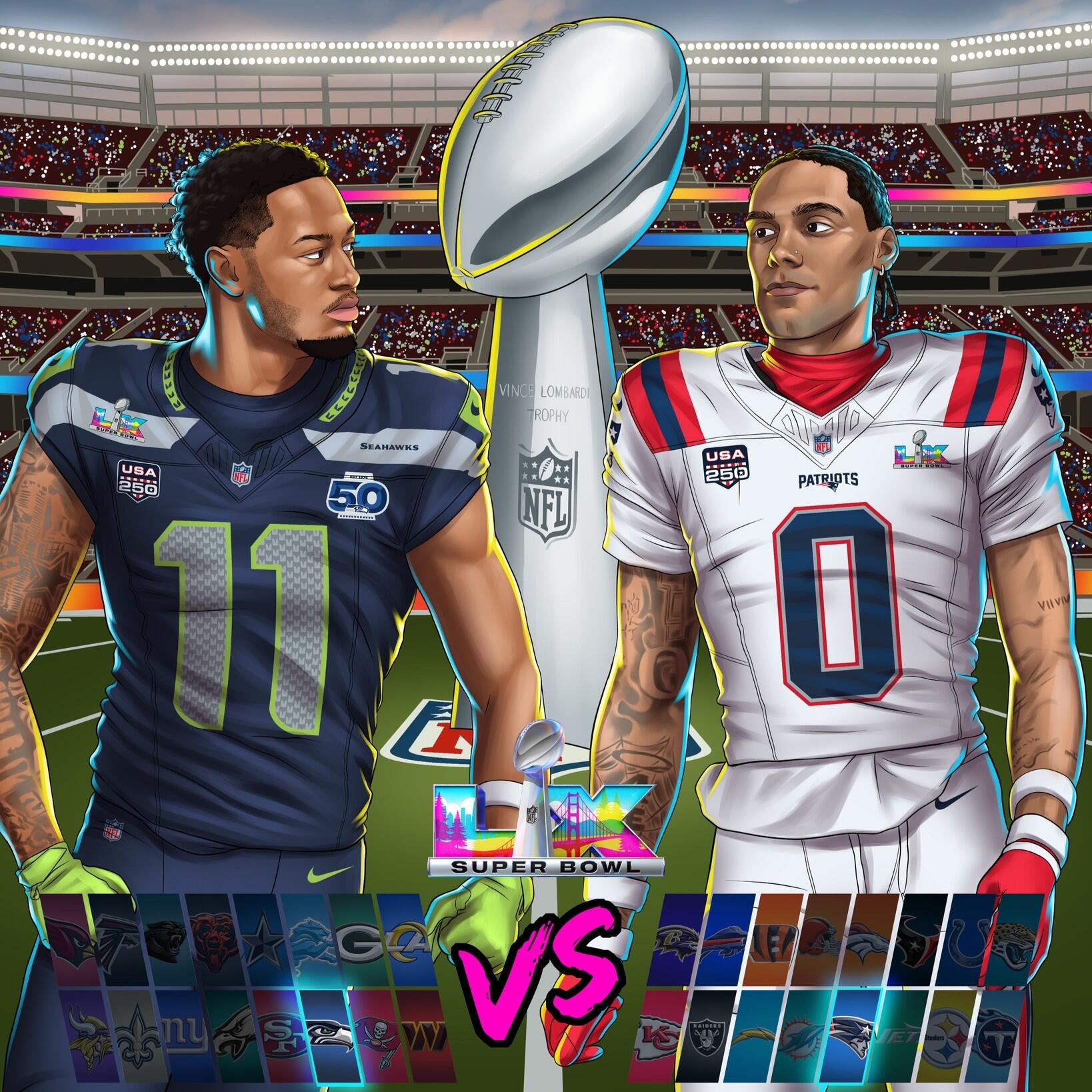 Forum avatar/profile photo: stylized football scene—Seattle Seahawks vs New England Patriots in an NFL Super Bowl face-off, two players flanking the Vince Lombardi Trophy in a stadium.