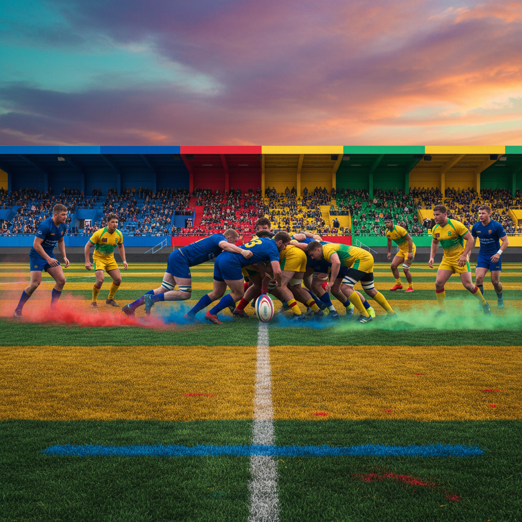 Forum avatar showing a rugby scrum on a colorful stadium pitch, players in blue and yellow, dramatic sunset sky and smoky colored streaks across the field.