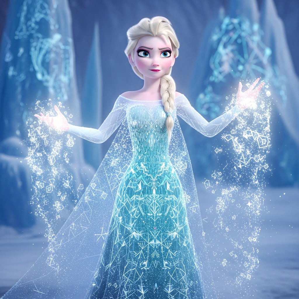 Forum avatar of Elsa (Frozen) in an icy blue gown, braid over her shoulder, arms raised as she conjures sparkling snow and ice in a frozen cavern.