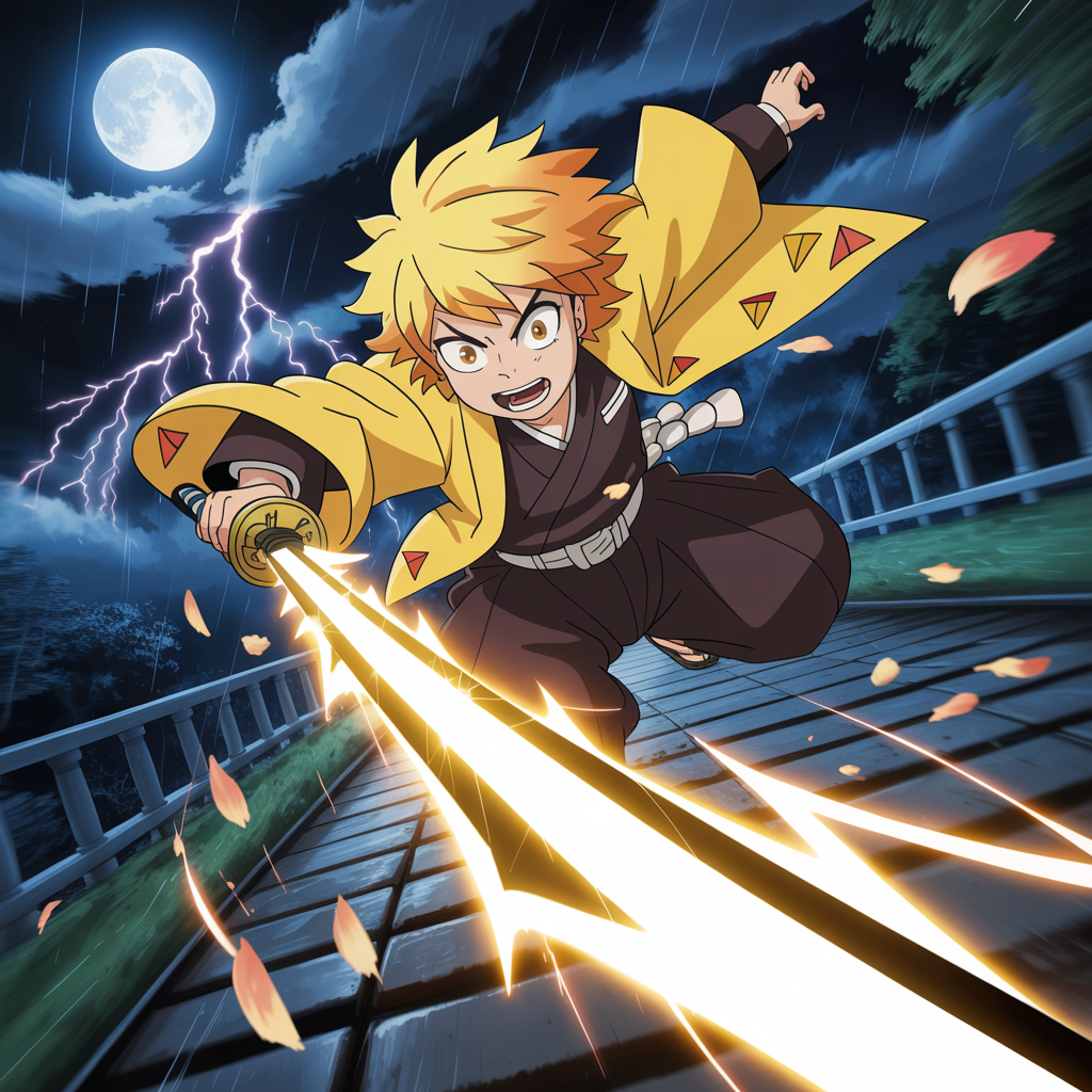 Forum avatar of Zenitsu Agatsuma leaping forward, sword unleashing bright lightning streaks across a rain-swept bridge beneath a stormy moon.