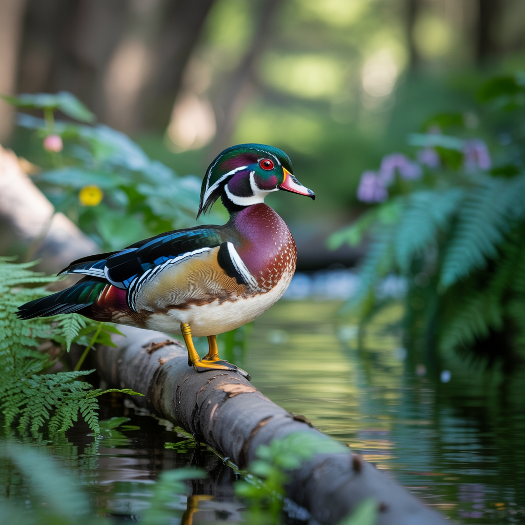 Vibrant wood duck perched on a log above a pond, shown as a forum avatar/pfp/profile photo with iridescent, multicolored plumage and a soft forested background.