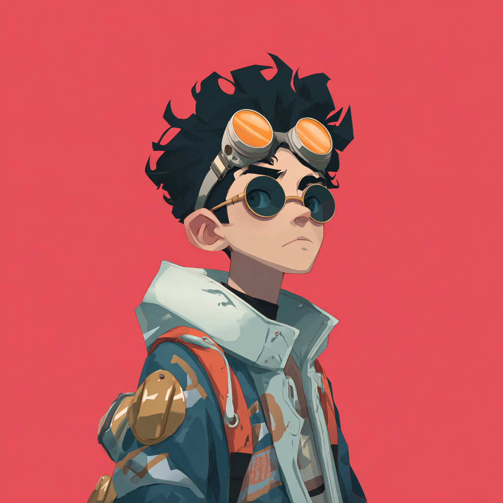 Forum avatar of a cool boy with tousled dark hair, wearing goggles and round sunglasses, a jacket and backpack, against a coral background.