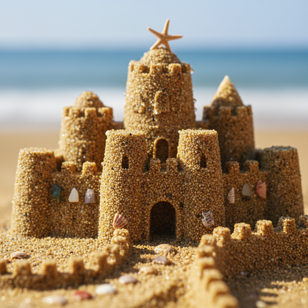 Sandcastle forum avatar/pfp: detailed multi-towered sandcastle on the beach, a starfish atop the central tower and the ocean blurred in the background.