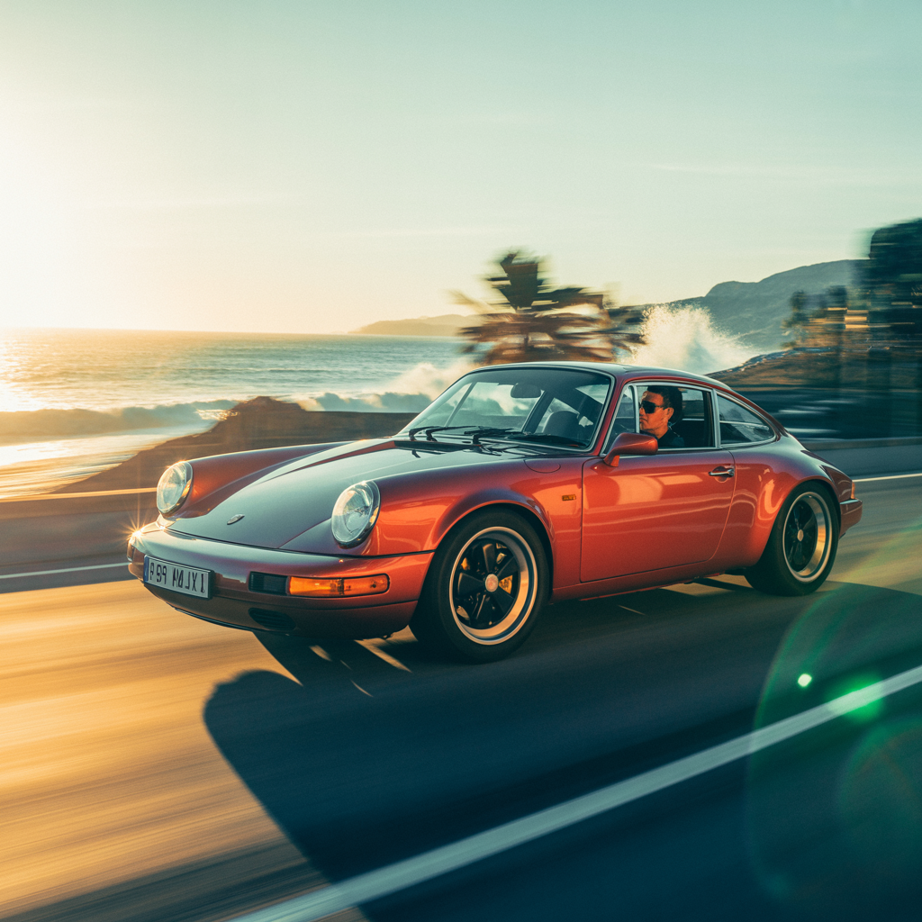 Forum avatar/pfp of an orange Porsche 911 driving along a sunlit coastal road at sunset, palm trees and motion blur behind.