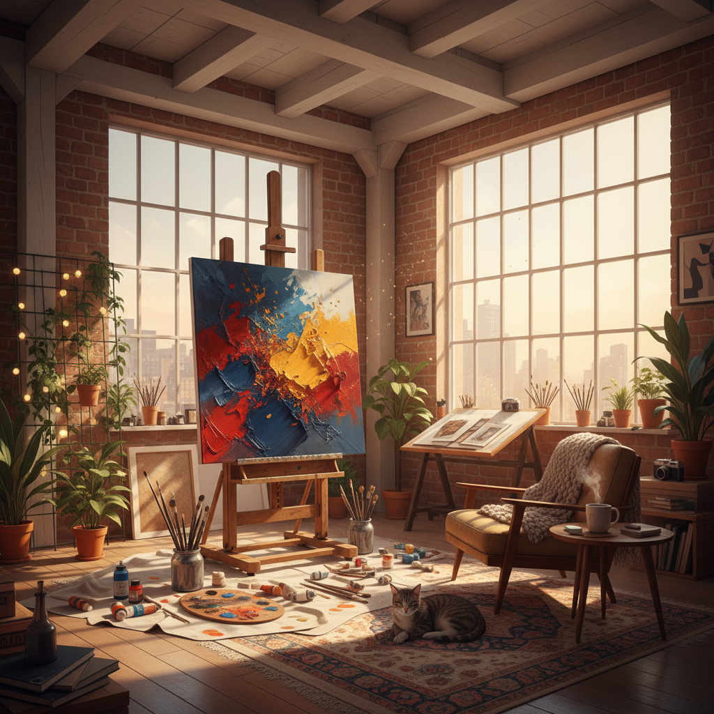 Artistic forum avatar/pfp: sunlit loft studio with a vibrant abstract canvas on an easel, cozy armchair, plants, brushes and scattered art supplies.