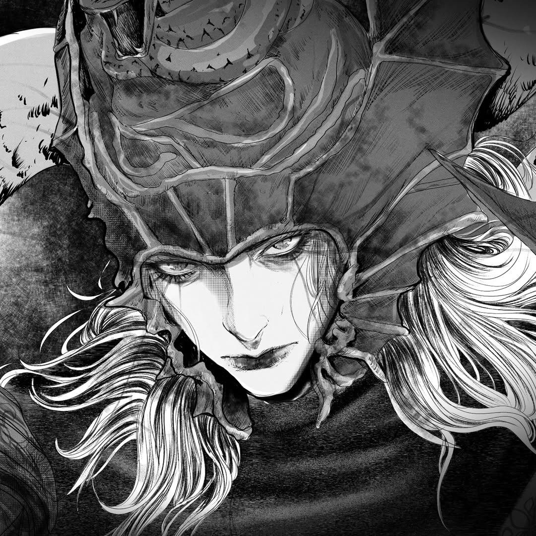 Black-and-white forum avatar of Messmer the Impaler (Elden Ring: Shadow of the Erdtree) — helmeted, pale face with flowing hair, Souls-like gothic aesthetic.