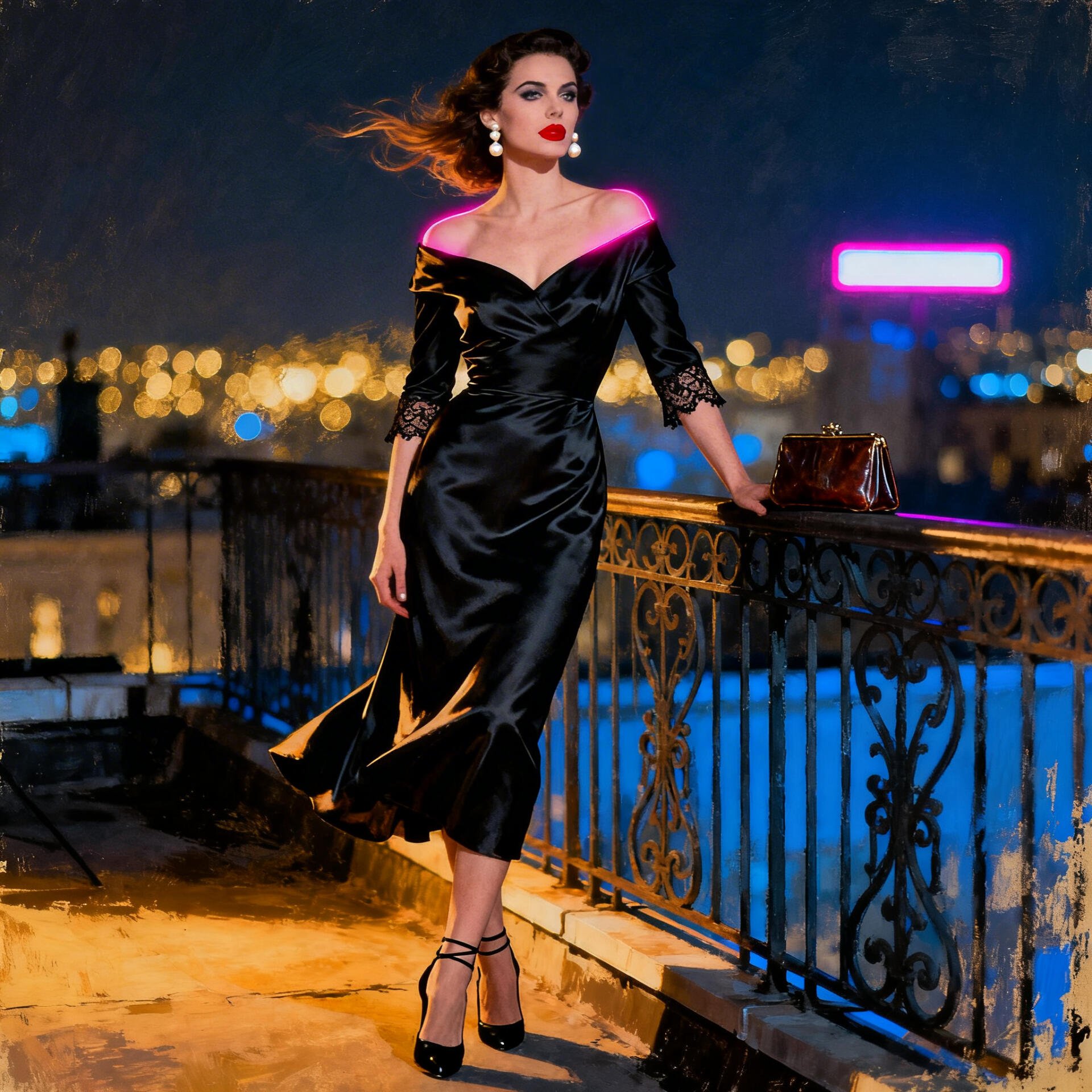 Forum avatar/pfp of a woman in an off-shoulder black dress on a rooftop at night, city lights behind her; red earrings, heels, and a small handbag as she leans on a railing.