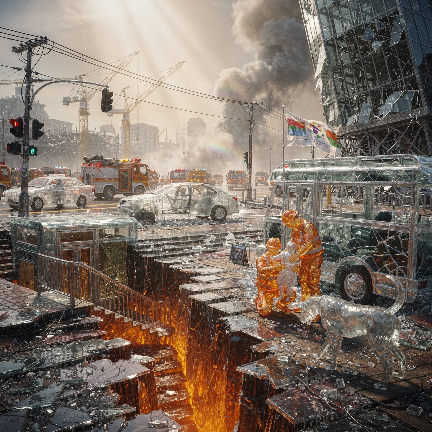 Forum avatar/pfp: earthquake scene — a glowing fissure splits a busy city street, emergency crews and a shattered glass tower under a smoky sky.