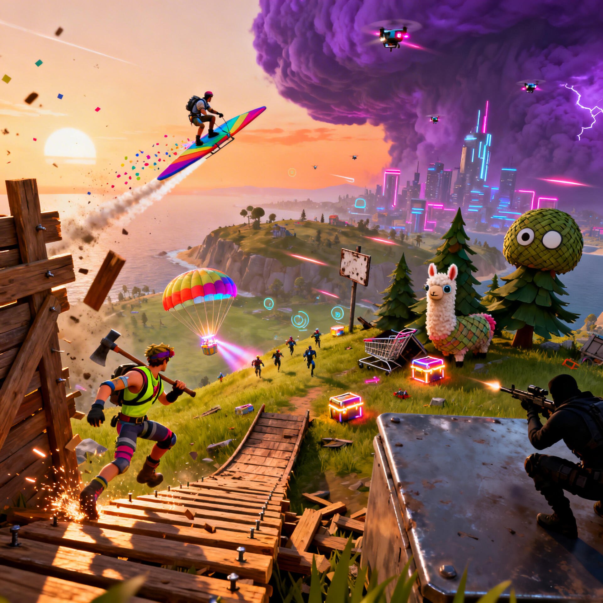 Fortnite forum avatar/pfp: vibrant sunset battle scene with a player on a surfboard glider, parachutes, loot llamas and a neon city under a swirling storm — energetic profile photo.