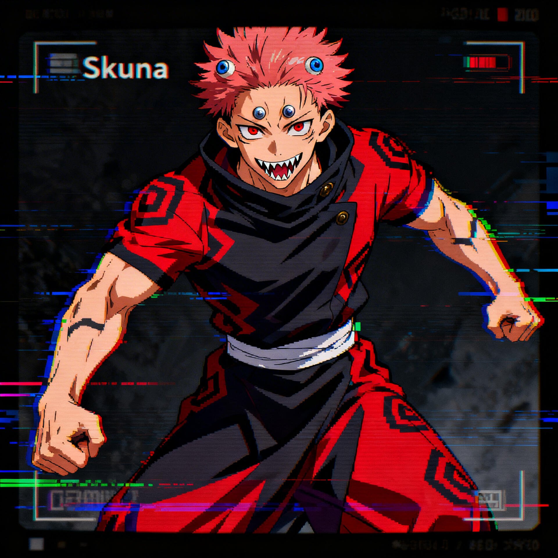 Profile avatar of Sukuna (Jujutsu Kaisen): grinning, multi-eyed red-haired demon in red-black robes, fists clenched against a glitchy dark background.