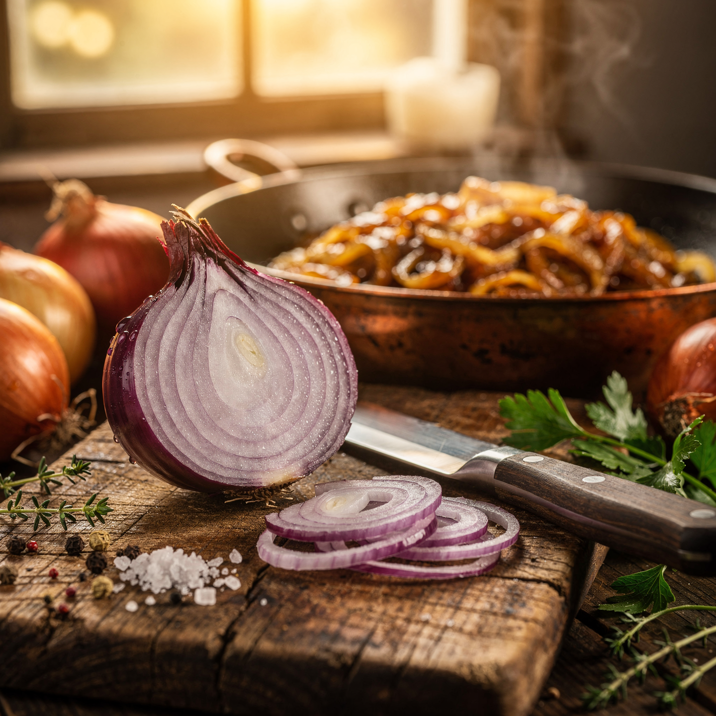 Forum avatar of a halved red onion and sliced rings on a wooden board, with caramelized onions in a skillet and herbs bathed in warm window light.